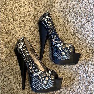 Black BeDazzled Satin Peep Toe Heel